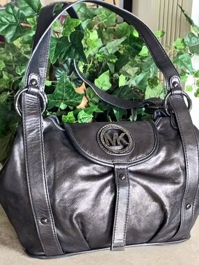 Michael Kors Large Fulton Gunmetal Leather Shoulder Hobo Bag